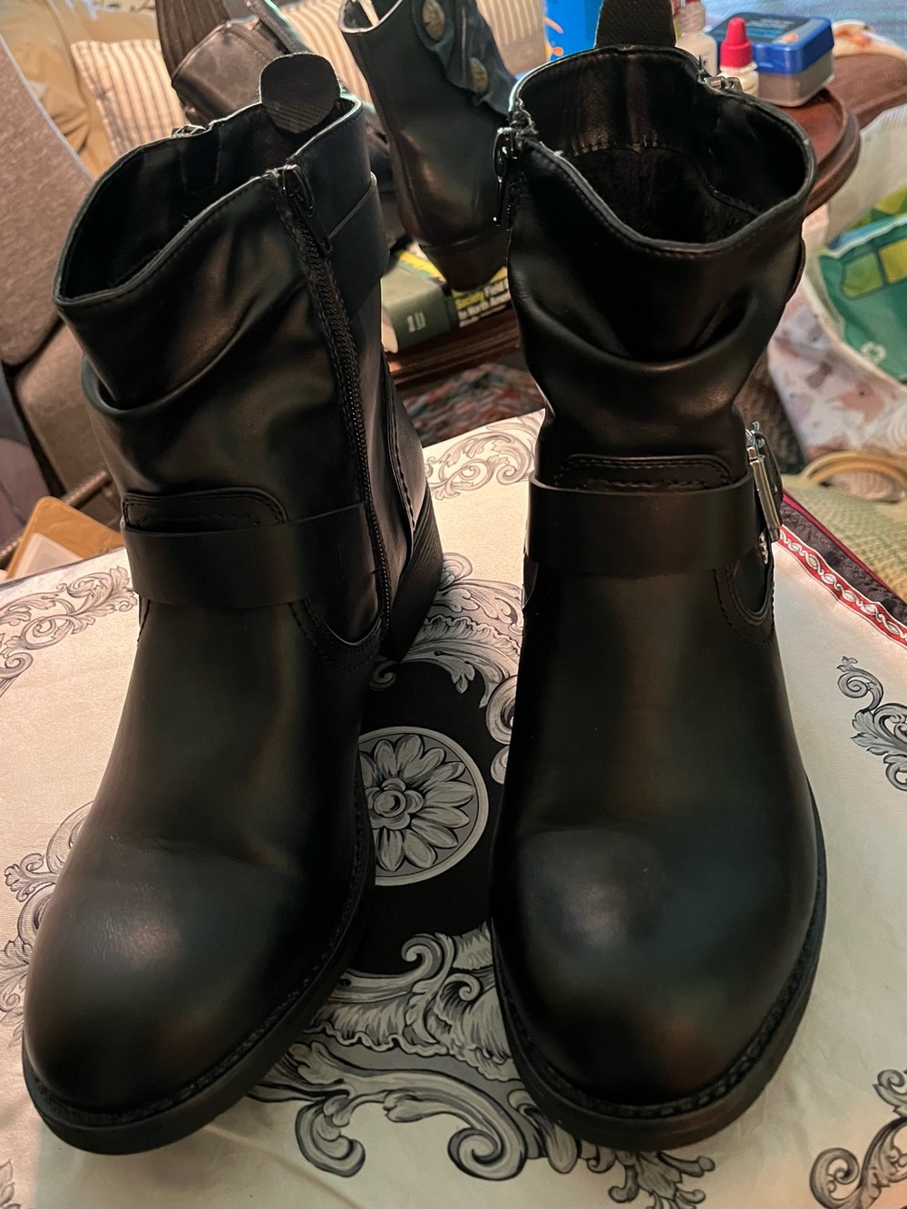 Black Moto Ankle Boots with Side Zip and Strap